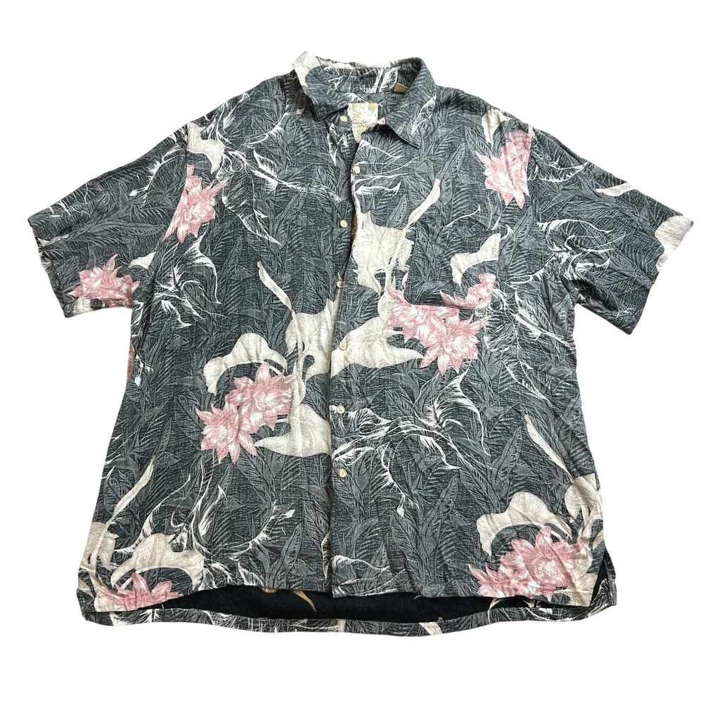 Tasso Elba Island Mens XXL Grey Pink Tropical Floral Rayon Button Down Shirt